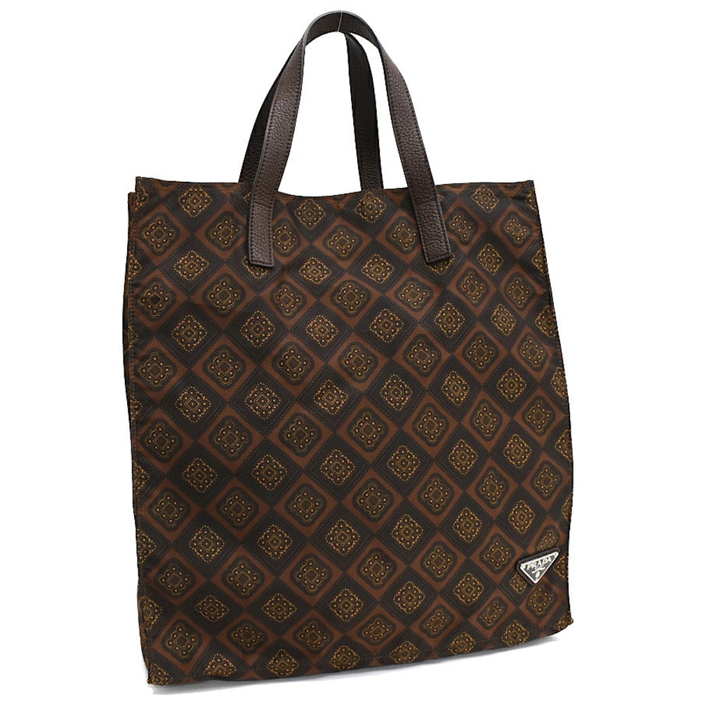 Prada Tote Tessuto Saffiano Bag TESSUTO STAMPAT Brown Triangle Plate